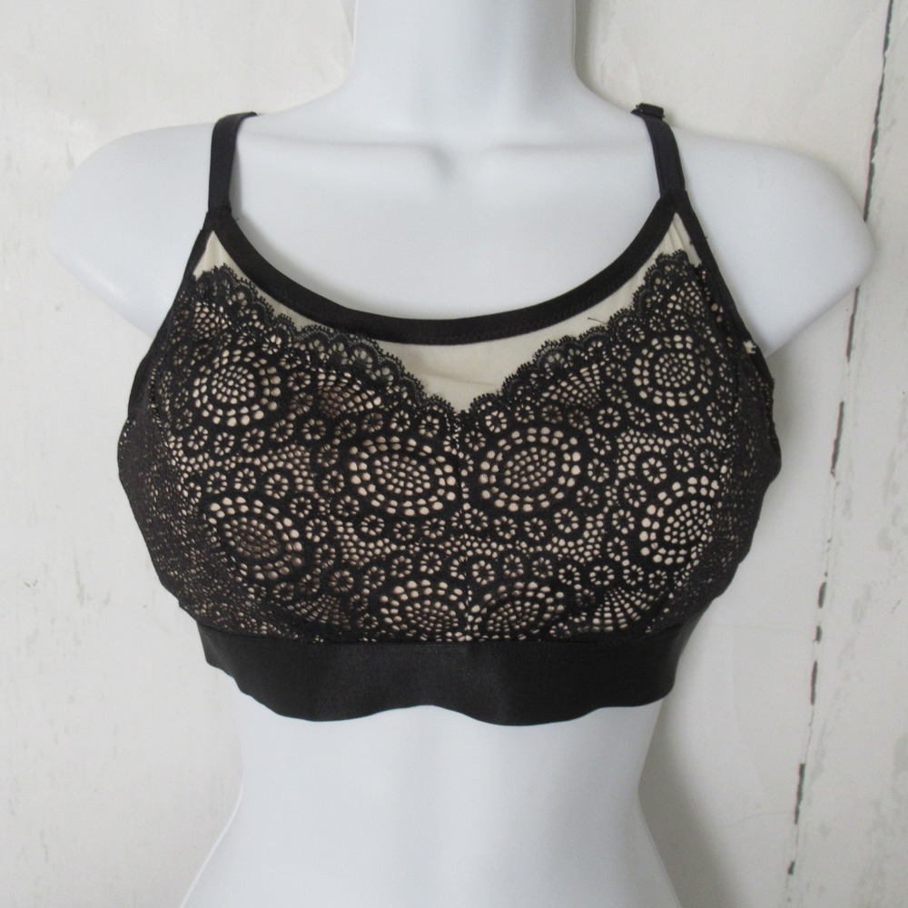 New Soma Bralette Bra L Black Geo Mesh Lace Scoop Neck Cami Back Closure